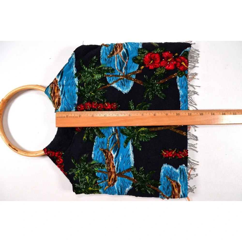 Hawaiian Purse Double Bamboo Handles Hibiscus‎ Floral Catamaran Beaded Fringe